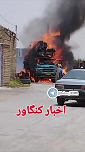 فیلم آتش سوزی هولناک کامیون پس از برخورد با سیم برق