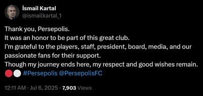اسماعیل کارتال و انتشار پیام خداحافظی از پرسپولیس / عکس - پارس فوتبال