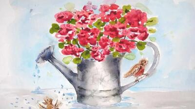 آموزش نقاشی آبرنگ با موضوع گل های بهار و گنجشک ها