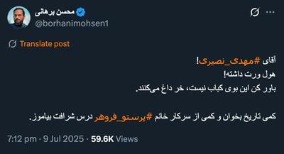 عکس/ کنایه محسن برهانی به مهدی نصیری: از پرستو فروهر درس شرافت بیاموز | اقتصاد24