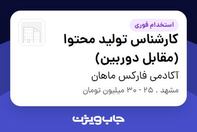 استخدام کارشناس تولید محتوا (مقابل دوربین) - خانم در آکادمی فارکس ماهان