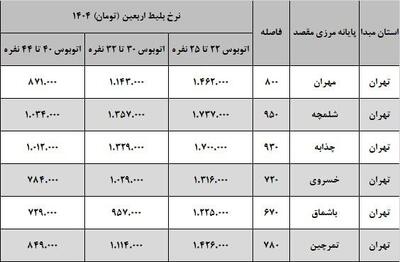 نرخ کرایه اتوبوس از تهران به مرزهای اربعینی