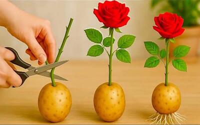 روش طبیعی برای ریشه دار کردن گل رز چیده شده با سیب زمینی / تا ۹۹۹ ریشه گل رز در طول شب