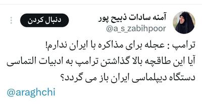 عکس/ نوشته آمنه سادات ذبیح‌پور درباره ترامپ خبرساز شد | اقتصاد24