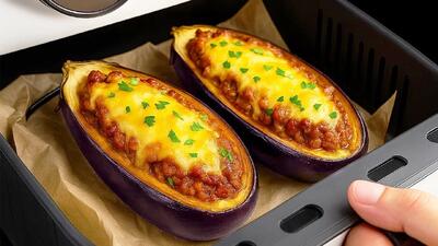 طرز تهیه بادمجان شکم پر در هواپز بدون خشک شدن