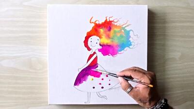 آموزش گام به گام نقاشی اکریلیک دختر کوچولوی ناز