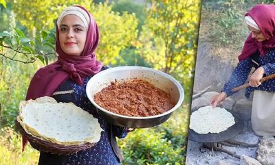 طرز تهیه میرزاقاسمی و نان تافتون در طبیعت (فیلم)