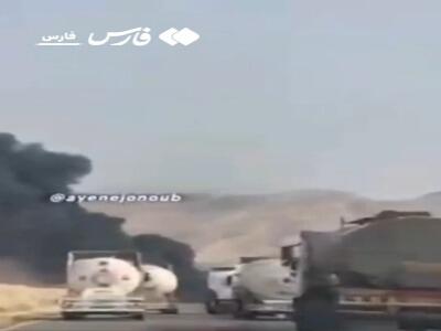 فیلم/ حریق تانکر حامل سوخت منجر به مسدودی موقت جاده جم شد