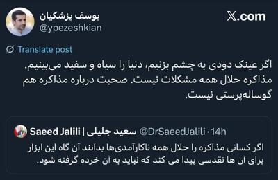 عکس/ پاسخ توییتری پسر پزشکیان به سعید جلیلی درباره مذاکرات | اقتصاد24