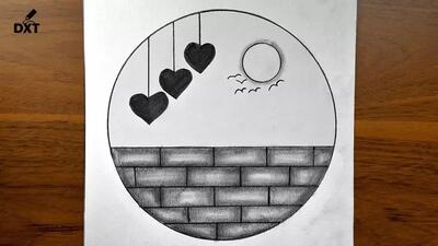 نقاشی ساده و آسان با مداد | نقاشی دایره ای قلب و دیوار