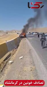 اولین فیلم از تصادف خونین در کرمانشاه؛ تجاوز به چپ نیسان باعث مرگ لحظه‌ای ۵ نفر شد!