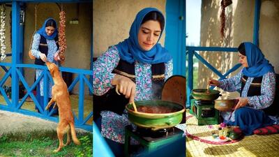 غذای روستایی؛ پخت خورشت آلو قیسی در روستا‌های رامسر (فیلم)