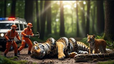 حیات وحش مصنوعی؛ ببر شجاع برای نجات مادرش از دست پیتون غول پیکر کمک میاره