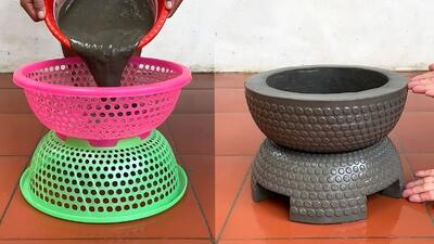 نحوه ساخت یک گلدان با سیمان و سبد پلاستیکی به روش استاد چینی (فیلم)
