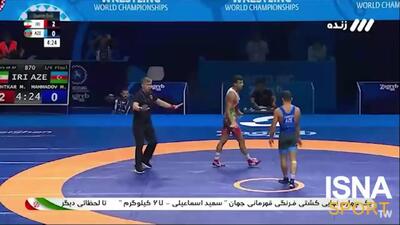 ببینید| پیروزی 8 بر صفر محمد‌مهدی کشتکار مقابل مراد ممدوف نایب قهرمان جهان از آذربایجان