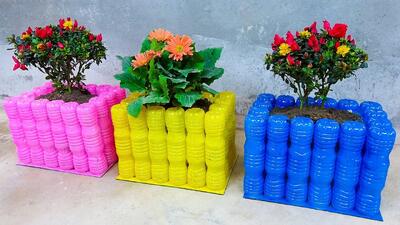 ساخت گلدان های رنگی با بطری آب معدنی / گلدان های بدون هزینه بسازید
