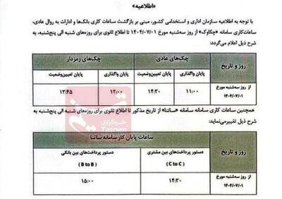 ساعات کاری ساتنا و چکاوک از اول مهرماه تغییر کرد