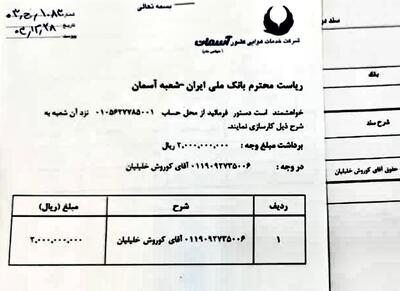 سند پرداختی ۲۰۰ میلیون تومانی به مدیر عامل هواپیمایی آسمان