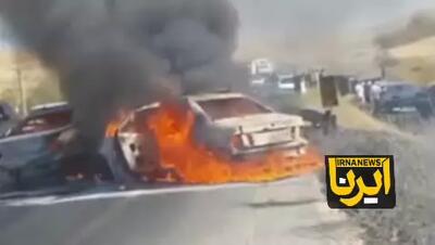 آتش‌سوزی بر اثر تصادف زنجیره‌ای در محور سقز-بوکان؛ یک فوتی و هشت مصدوم