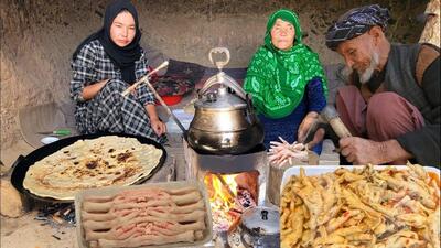 غذای روستایی در افغانستان؛ پخت خوراک پای مرغ و نان سنتی در غار (فیلم)