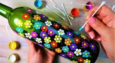 نقاشی فوق العاده آسان روی بطری با طرح گل های نقطه ای رنگین کمانی!