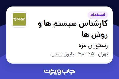 استخدام کارشناس سیستم ها و روش ها در رستوران مزه