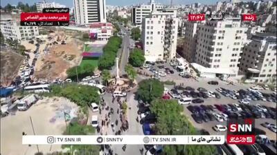 تصاویر هوایی از ورود اتوبوس های حامل آزادگان فلسطینی اهل نوار غزه به رام الله