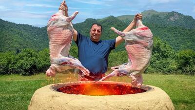  غذای روستایی آذربایجان؛ پخت کباب بره در تنور محلی (فیلم)