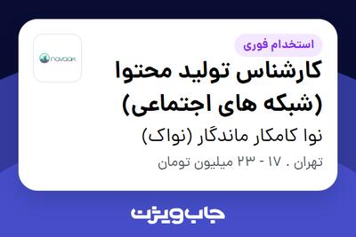  استخدام کارشناس تولید محتوا (شبکه های اجتماعی) در نوا کامکار ماندگار (نواک)