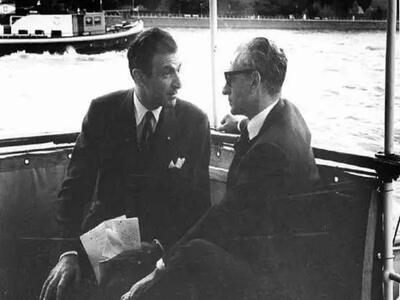  اردشیر زاهدی، محمدرضا پهلوی و مهناز زاهدی در یک سفر خارجی؛ دهه 40 (عکس)
