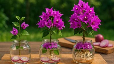  فقط چند برش پیاز، شاخه های گل کاغذی ۱۰۰ برابر بیشتر از روش معمول ریشه می دهند !