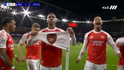  گل اول آرسنال به اتلتیکو مادرید (پاس تماشایی دکلان رایس و گل گابریل ماگالاش)
