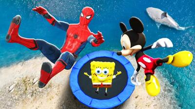  کارتون باب اسفنجی: چالش پرش مرد عنکبوتی و میکی موس از ارتفاعات در آب