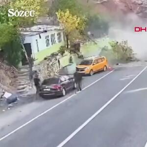  ببینید؛ جان به در بردن راننده تاکسی از سقوط سنگ غول‌پیکر
