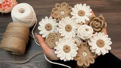  یک نقاشی خیره کننده با گل های کنفی و کاموا / بدون سوزن یا قلاب!