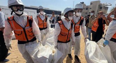  تشییع و تدفین پیکرهای بیش از ۴۰ شهید با هویت نامشخص در نوار غزه+ فیلم