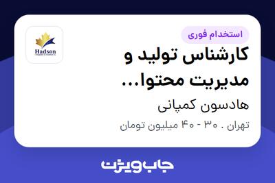  استخدام کارشناس تولید و مدیریت محتوا (اینستاگرام و یوتیوب) در هادسون کمپانی