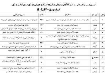 جزئیات راهپیمایی 13 آبان در استان بوشهر اعلام شد   جدول - تسنیم