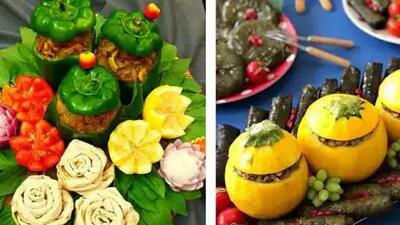  تزئین شیک و چشم‌ نواز دلمه مجلسی + ایده‌ های جدید برای فلفل دلمه‌ ای و برگ مو