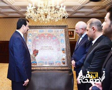  هدیه خاص و نفیس قالیباف به رئیس مجلس سنای پاکستان + عکس