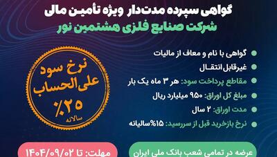  گواهی سپرده مدت‌دار ویژه تأمین مالی صنایع فلزی هشتمین نور منتشر می شود