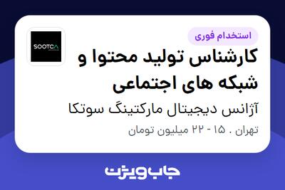  استخدام کارشناس تولید محتوا و شبکه های اجتماعی در آژانس دیجیتال مارکتینگ سوتکا
