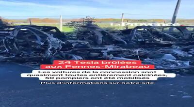  ۲۴ خودروی برقی تسلا در یک نمایشگاه فروش خودرو در جنوب فرانسه در آتش سوخت