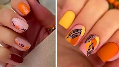  طراحی ناخن پاییزی شیک و جذاب با ترکیب رنگ نارنجی و قهوه‌ ای