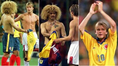  تعویض پیراهن دیوید بکام و کارلوس والدراما در بازی انگلیس و کلمبیا در جام جهانی 1998