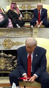  کاغذ مرموزی که حین حرف زدن «بن سلمان» به دستان ترامپ رسید!+فیلم