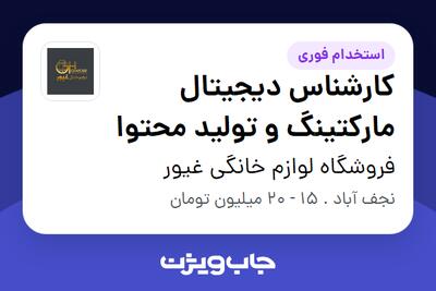  استخدام کارشناس دیجیتال مارکتینگ و تولید محتوا در فروشگاه لوازم خانگی غیور