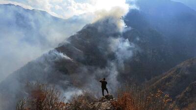  جنگل هیرکانی همچنان در آتش/ هواپیمای ایلوشن به جاده چالوس رسید+ فیلم