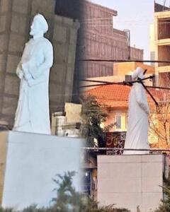  گاف وحشتناک پیمانکار شهرداری ارومیه در بستن بنرها به مجسمه سعدی / با عامل نصب داربست برخورد شد