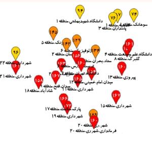  نقشه آلودگی هوا در مناطق مختلف تهران / میانگین شاخص کیفیت هوا: ۱۴۲